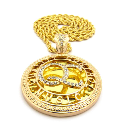 Stone Stud Encircled QC Initials on Mirror Pendant w/5mm 36" Rope Chain Necklace, Gold-Tone