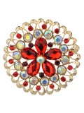 NYFASHION101 Elegant Formal Star Flower Rhinestone Studded Round Brooch Pin, Red/Gold-Tone
