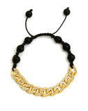 Hip Hop Rapper's Style 10mm Iced Out Cuban Link and 8mm Black Stone Bead Adjustable Knotted Bracelet, Gold-Tone, XB446G