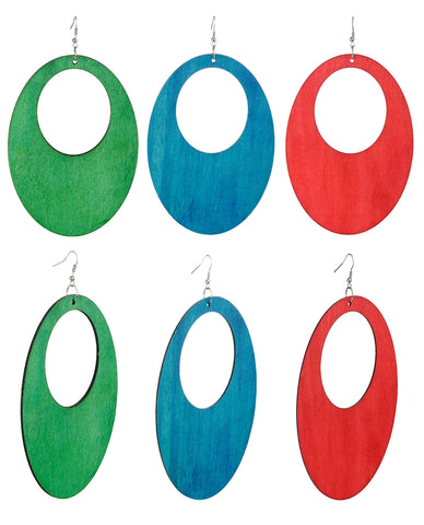 Women's Large Oval Flat Wood Dangle Pierced Earrings 3 Pair Set, Green/Turquoise/Red