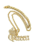 Stone Stud Crowned Queen Pendant with 4mm 18" Link Chain Necklace in Gold-Tone