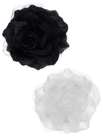 Women's Multifunction Rose Flower Sheer Petal Brooch Pin Hair Tie Clip Set of 2, Black/White