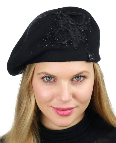 C.C Rhinestone Embellished Embroidered Flower French Style Angora Beret