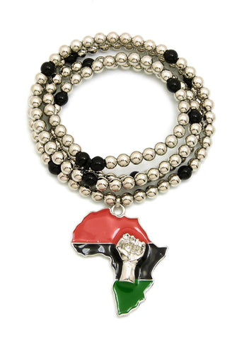 Pan Africa Continent Pendant with 6mm 30" CCB Bead Necklace, Silver-Tone/Power Fist on Pan Africa