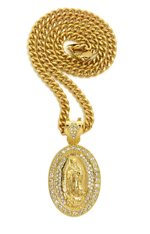 Stone Stud Oval Virgin Mary Medal Pendant with 6mm Cuban Chain in Gold-Tone, 30"