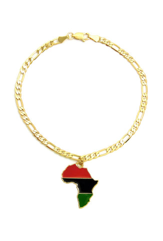 Women's Pan Africa Continent Charm 3.5mm 10" Figaro Chain Ankle Bracelet Anklet, Gold-Tone
