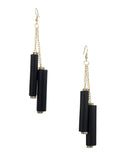 Women's Wood Cylinder Mini Stone Stud Ends Link Chain Dangle Pierced Earrings, Black