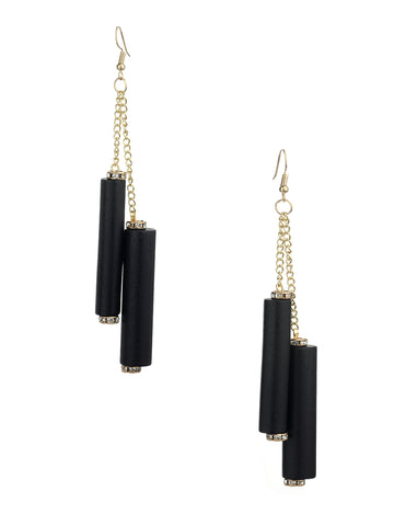 Women's Wood Cylinder Mini Stone Stud Ends Link Chain Dangle Pierced Earrings, Black