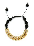 Hip Hop Rapper's Style 12mm Iced Out Cuban Link and 10mm Black Stone Bead Adjustable Knotted Bracelet, Gold-Tone, XB447G