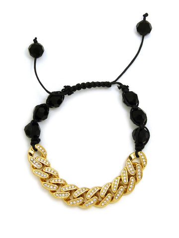 Hip Hop Rapper's Style 12mm Iced Out Cuban Link and 10mm Black Stone Bead Adjustable Knotted Bracelet, Gold-Tone, XB447G