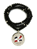 Stone Stud Dominican Republic Waving Flag Medal Pendant with 6mm 30" Wood Bead Color Disc Necklace, Black Wood/Silver-Tone