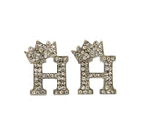 Stone Stud Tilted Crown Initial Pierced Earrings, H/Silver-Tone