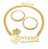 Stone Stud Crowned Queen Pendant Chain Necklace with Pincatch Hoop Earrings Jewelry Set