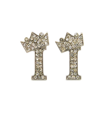 Stone Stud Tilted Crown Initial Pierced Earrings, I/Silver-Tone
