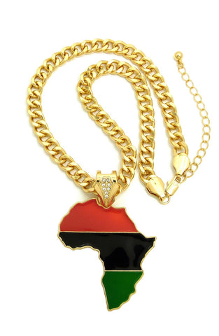 Pan Africa Continent Pendant with 9mm 18" Cuban Chain Necklace, Gold-Tone