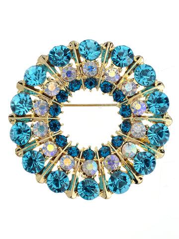 NYFASHION101 Elegant Formal Multi Size Rhinestone Studded Round Brooch Pin, Turquoise/Gold-Tone