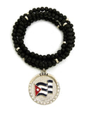 Stone Stud Cuba Waving Flag Medal Pendant with 6mm 30" Wood Bead Color Disc Necklace, Black Wood/Silver-Tone