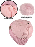 C.C Soft Quilted Puffer Detachable Faux Fur Pom Inner Lined Cuff Beanie Hat