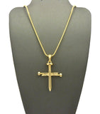 Simple Studded Reversible 3 Cross Nail Pendant w/ 2mm 24" Snake Chain Necklace in Gold-Tone