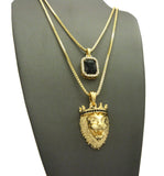 Black Stone Crown King Lion & Gemstone Pendant Set w/ Chain Necklace
