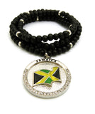Stone Stud Jamaica Waving Flag Medal Pendant with 6mm 30" Wood Bead Color Disc Necklace, Black Wood/Silver-Tone