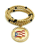Stone Stud Puerto Rico Waving Flag Medal Pendant Necklace