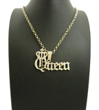 Stone Stud Crowned Queen Pendant with 4mm 18" Link Chain Necklace in Gold-Tone