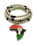 Pan Africa Continent Pendant with 6mm 30" CCB Bead Necklace, Silver-Tone/Power Fist on Pan Africa