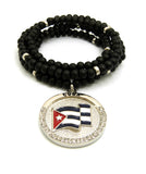 Stone Stud Cuba Waving Flag Medal Pendant with 6mm 30" Wood Bead Color Disc Necklace, Black Wood/Silver-Tone