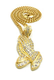 Stone Stud Praying Hands Pendant with 6mm Cuban Chain in Gold-Tone, 36"