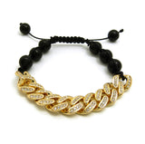 Hip Hop Rapper's Style 12mm Iced Out Cuban Link and 10mm Black Stone Bead Adjustable Knotted Bracelet, Gold-Tone, XB445G