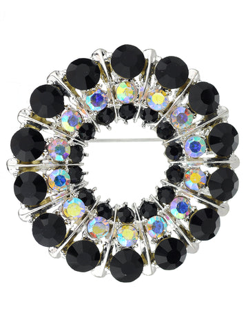 NYFASHION101 Elegant Formal Multi Size Rhinestone Studded Round Brooch Pin, Black/Silver-Tone