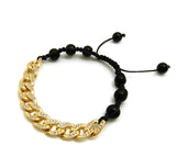 Hip Hop Rapper's Style 10mm Iced Out Cuban Link and 8mm Black Stone Bead Adjustable Knotted Bracelet, Gold-Tone, XB446G