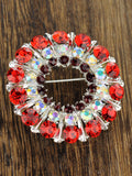 NYFASHION101 Elegant Formal Multi Size Rhinestone Studded Round Brooch Pin, Red/Silver-Tone