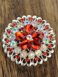 NYFASHION101 Elegant Formal Star Flower Rhinestone Studded Round Brooch Pin, Red/Silver-Tone
