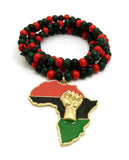 Power Fist on Pan Africa Continent Pendant with 6mm 36" Multicolored Wood Bead Necklace, Gold-Tone