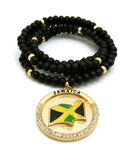 Stone Stud Jamaica Waving Flag Medal Pendant with 6mm 30" Wood Bead Color Disc Necklace, Black Wood/Gold-Tone