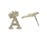 Stone Stud Tilted Crown Initial Pierced Earrings, A/Silver-Tone