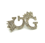 Stone Stud Tilted Crown Initial Pierced Earrings, G/Silver-Tone