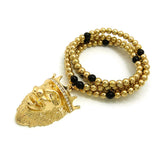 Stone Stud Crown King Lion Pendant with 6mm 30" CCB Bead Necklace, Gold-Tone