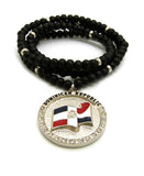 Stone Stud Dominican Republic Waving Flag Medal Pendant with 6mm 30" Wood Bead Color Disc Necklace, Black Wood/Silver-Tone