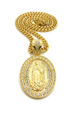 Stone Stud Oval Virgin Mary Medal Pendant with 6mm Cuban Chain in Gold-Tone, 36"
