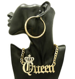 Stone Stud Crowned Queen Pendant Chain Necklace with Pincatch Hoop Earrings Jewelry Set