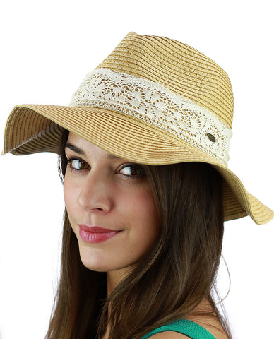 C.C Women's Paper Woven Panama Sun Beach Hat with Lace Trim, Natural