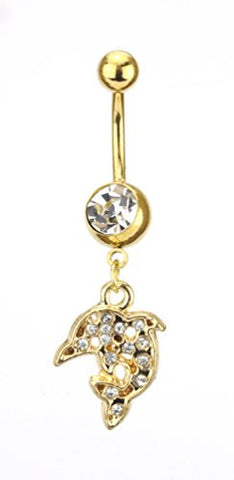Clear Rhinestone Dolphin Charm Surgical Steel Belly Ring in Gold-Tone