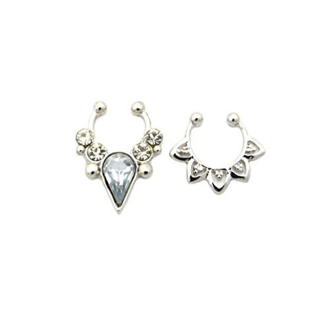 Teardrop Stone Stud & Solid Non-Pierced Nose Hoop Ring in Silver-Tone