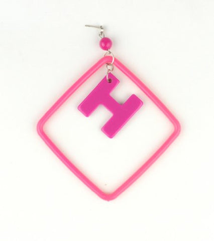 Initial Letter H Dangling Charm Pink Acrylic Drop Earrings
