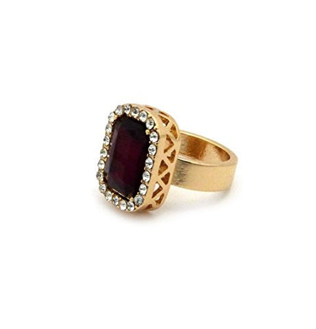 Rhinestone Studded Faux Ruby Stone Pendant Hip Hop Fashion Ring Size 8 in Gold-Tone