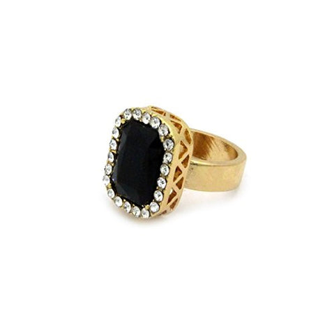 Rhinestone Studded Faux Onyx Stone Pendant Hip Hop Fashion Ring Size 9 in Gold-Tone