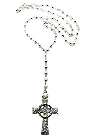 Truth & Justice Iced Out Veritas Aequitas Cross Pendant 6mm CCB Bead Rosary Necklace in Silver-Tone